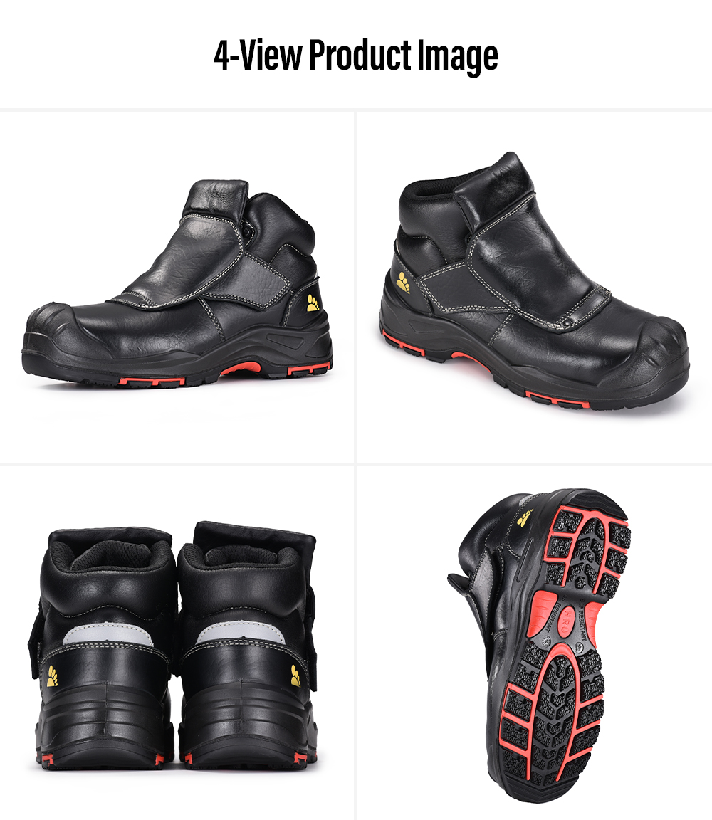 M-8387 Welding Safety Boots – Four Views أربعة مناظر لأحذية أمان اللحام الجلدية السوداء Safetoe M-8387 مع غطاء لحام واقٍ ونعل خارجي مقاوم للحرارة