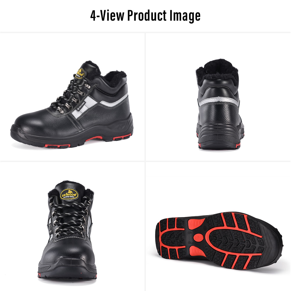 Safetoe M-8027 Insulated Winter Safety Boots – Four Views صورة أربعة مناظر لأحذية الأمان الشتوية المعزولة من Safetoe M-8027 تعرض مناظر النعل الخارجي المقاوم للانزلاق من الجانب والخلفي والأمامي