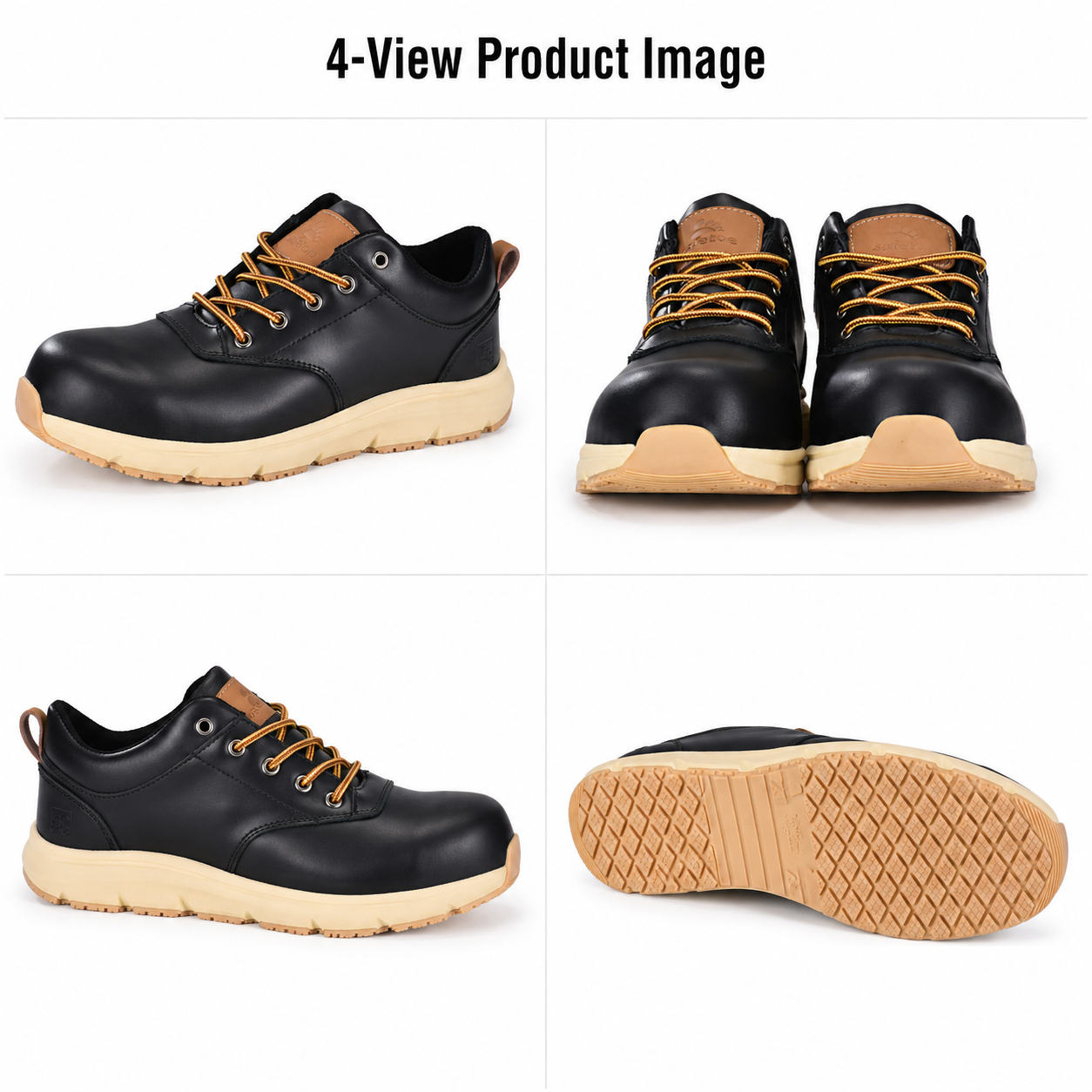 Composite Toe Safety Shoes 4-View Image صورة المنتج الأربعة لأحذية السلامة ذات المقدمة المركبة المصنوعة من الجلد الأسود مع نعل خارجي مقاوم للانزلاق