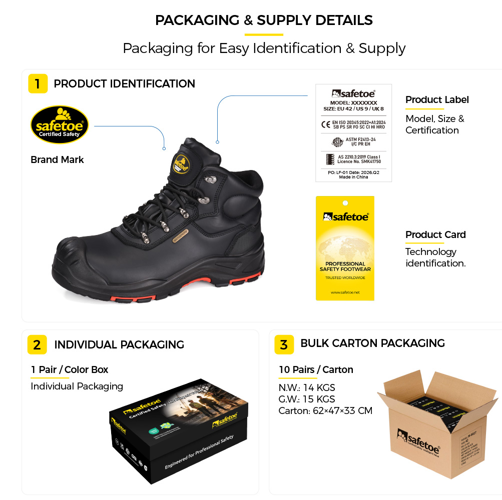 M-8565 Oil Gas Safety Boots Packaging supply عبوة أحذية السلامة الصناعية Safetoe M-8565 لتوريد B2B
