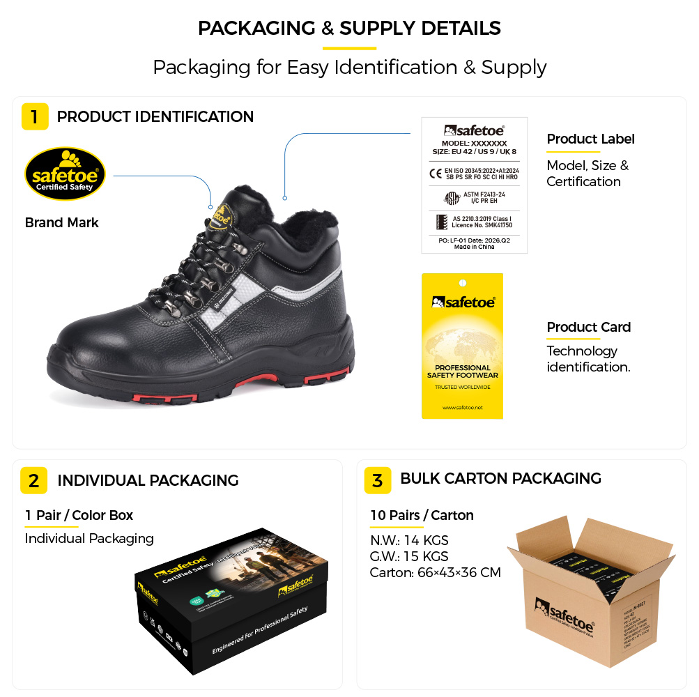 Safetoe M-8027 Winter Safety Boots Packaging Details وتفاصيل التغليف من Safetoe M-8027 لأحذية السلامة الشتوية التي تعرض ملصق المنتج وصندوق الأحذية الفردي وإمدادات الكرتون السائبة