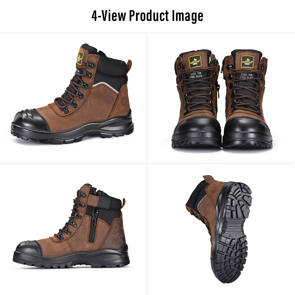 M-8577 Side Zip Safety Boot Views مناظر متعددة لأحذية السلامة الصناعية ذات السحاب الجانبي المصنوعة من الجلد البني M-8577