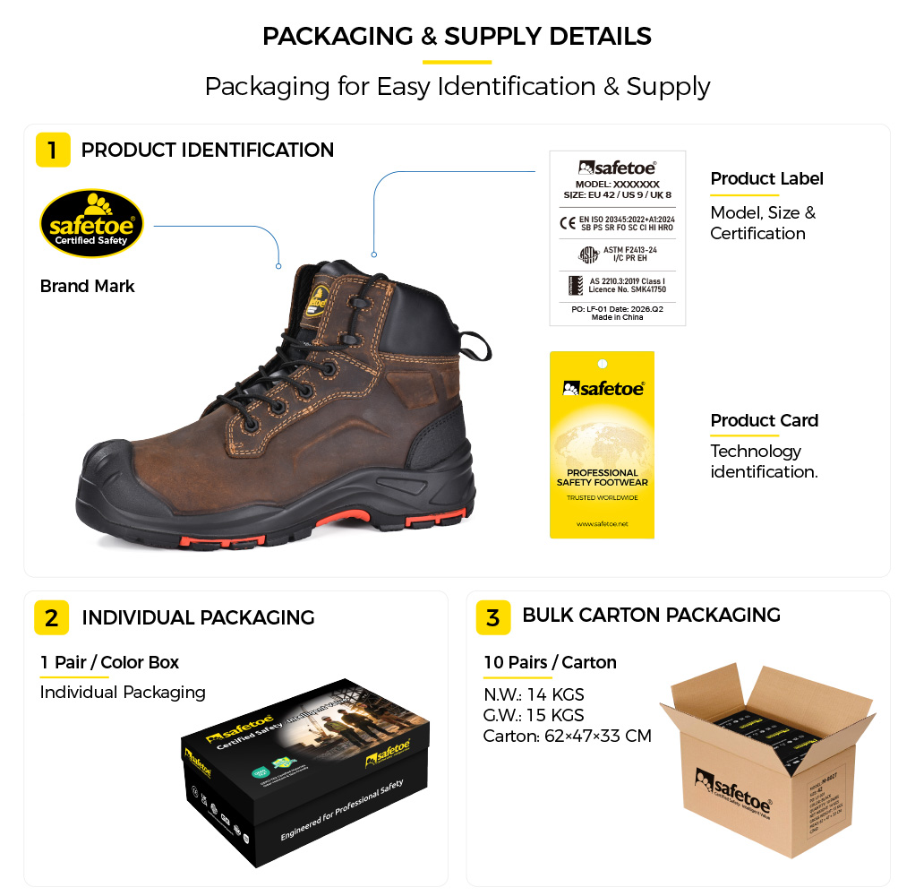Safetoe M-8552 mining safety boots packaging and bulk supply details تغليف أحذية أمان التعدين Safetoe M-8552 وتفاصيل العرض بالجملة