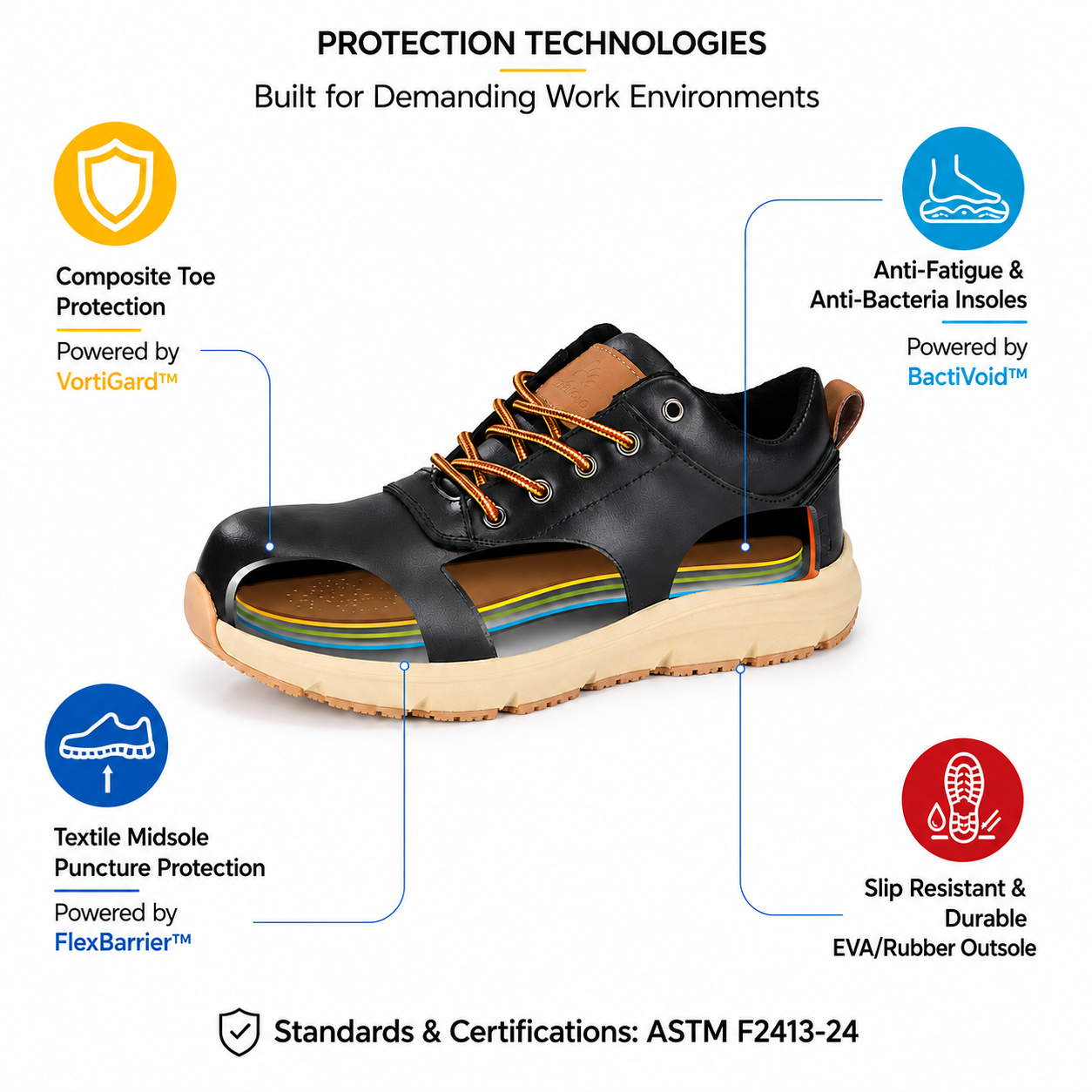 Safety Shoe Protection Technologies Overview تقنيات الحماية لأحذية الأمان المصنوعة من الجلد الأسود مع مقدمة مركبة ونعل أوسط من القماش ونعال داخلية مضادة للتعب ونعل خارجي من مطاط البولي يوريثان