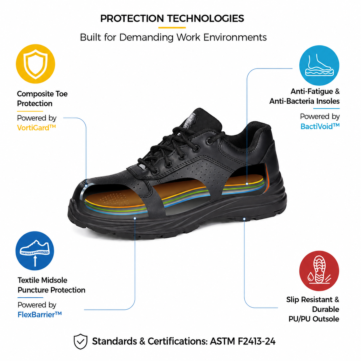 Safetoe L-7328 Safety Shoe Protection Technologies تقنيات حماية أحذية الأمان Safetoe L-7328 مع مقدمة مركبة، ونعل أوسط من النسيج المقاوم للثقب، ونعل داخلي مضاد للبكتيريا، ونعل خارجي من البولي يوريثين/البولي يوريثان مقاوم للانزلاق،