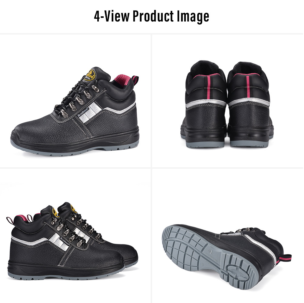 M-8516W Women's Waterproof Leather Safety Boots – Four Views أربع مناظر لـ Safetoe أحذية أمان جلدية مقاومة للماء للسيدات M-8516W سوداء مع مقدمة فولاذية ونعل خارجي من البولي يوريثان مقاوم للانزلاق