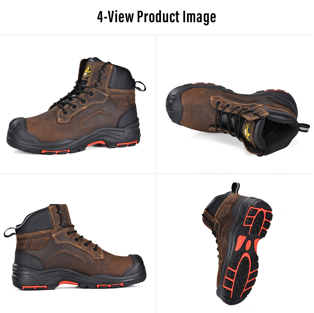 M-8552 Oil Gas Safety Boots Protection Technology حذاء أمان الزيت والغاز M-8552 يظهر بأربعة مناظر مع جزء علوي من الجلد القوي ونعل خارجي مقاوم للانزلاق
