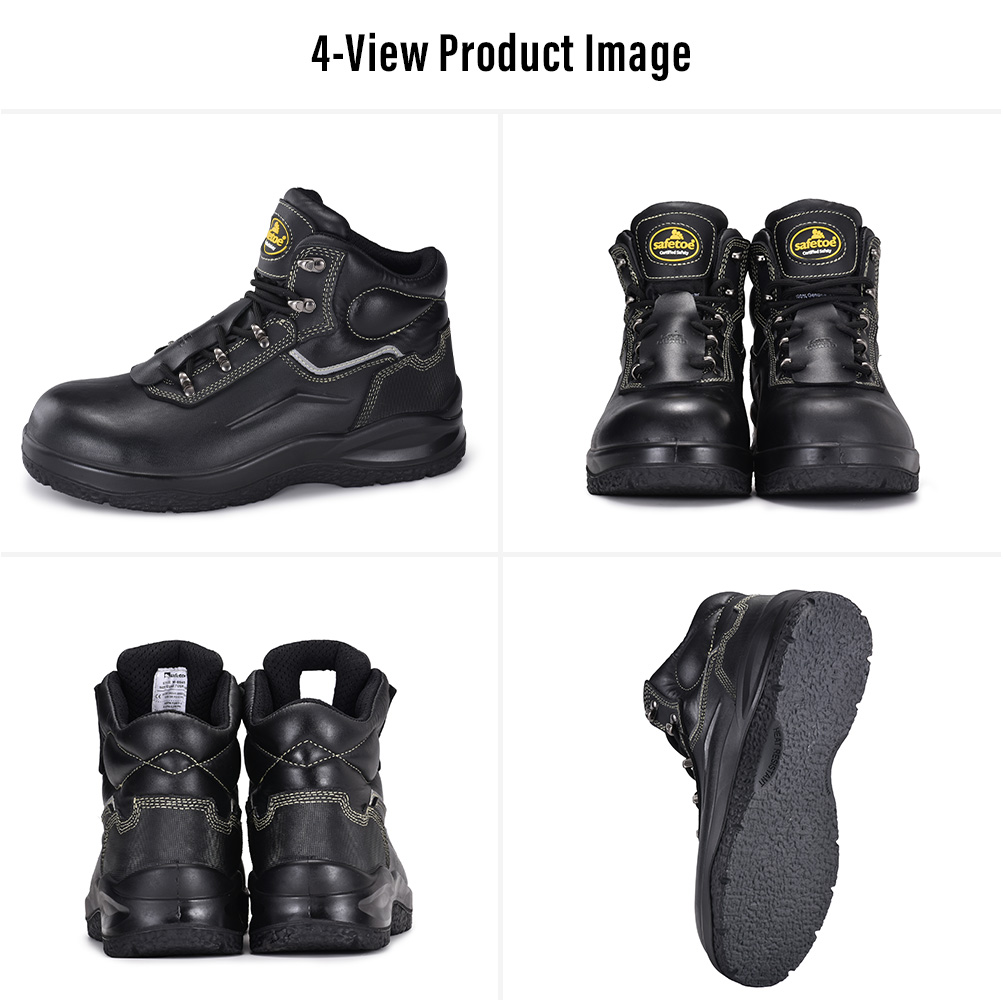 M-8565PV Asphalt Paving Safety Boots – Four Views أربع مناظر لأحذية أمان رصف الأسفلت المصنوعة من الجلد الأسود من Safetoe M-8565PV مع نعل خارجي مسطح مقاوم للحرارة،