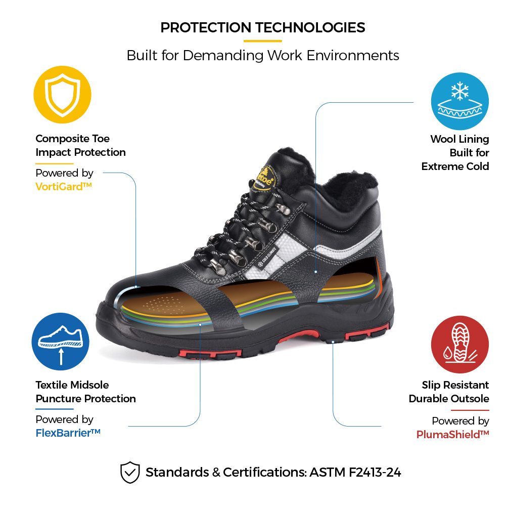 Safetoe M-8027 IceShield Winter Safety Boot Technologies حذاء الأمان الشتوي Safetoe M-8027 IceShield بمقدمة مركبة ونعل أوسط من القماش وبطانة من الصوف ونعل خارجي مقاوم للانزلاق