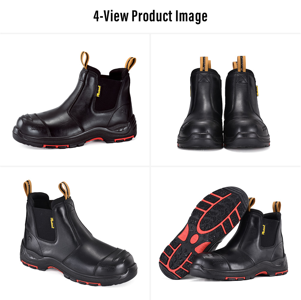 M-8025NBK Black Slip-On Work Boot Views مناظر متعددة لأحذية العمل الصناعية Safetoe M-8025NBK المصنوعة من الجلد الأسود سهلة الارتداء
