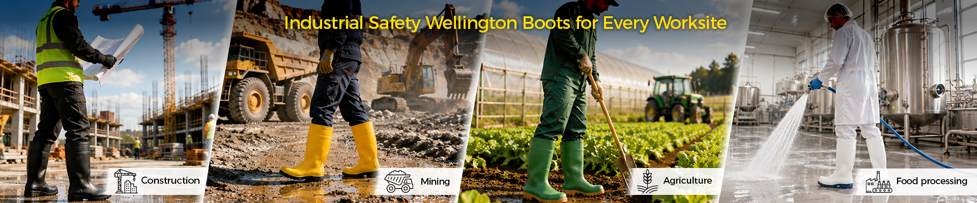 Safety Wellington Boots for Wet Work Environments أحذية السلامة ويلينغتون للأعمال الصناعية وتجهيز الأغذية والزراعة والبناء