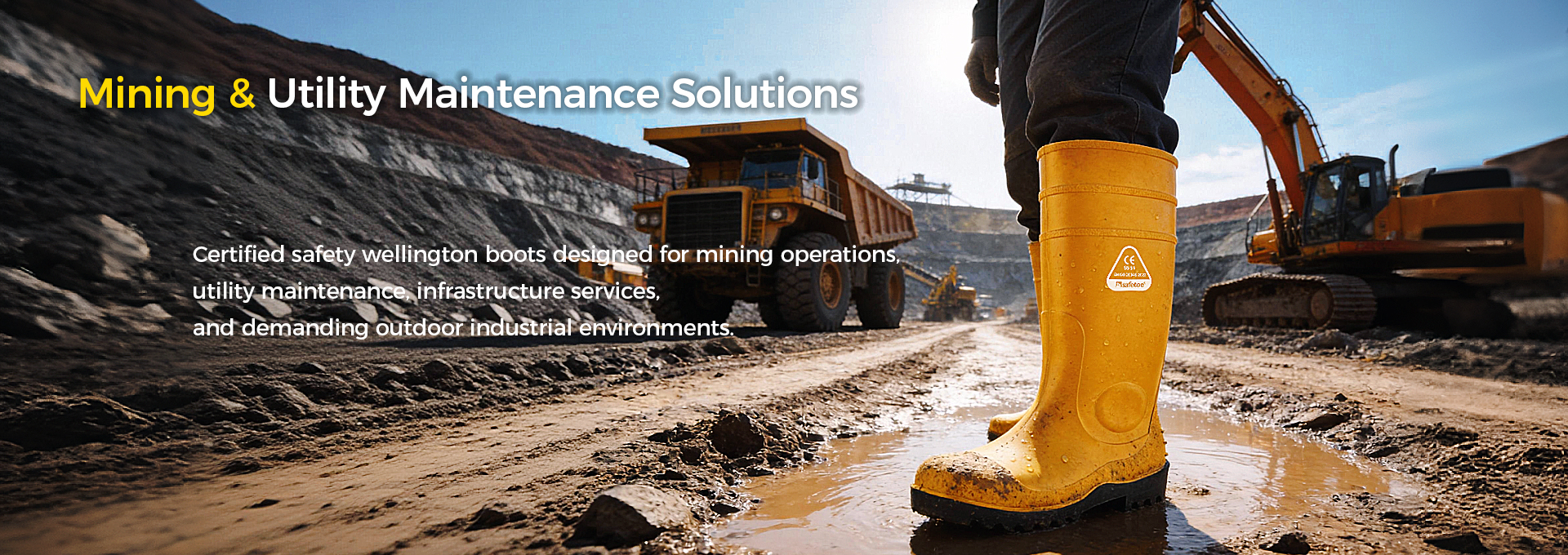 Safety Wellington Boots for Mining Operations عامل منجم يرتدي أحذية ويلينغتون الآمنة في الظروف الرطبة والوعرة