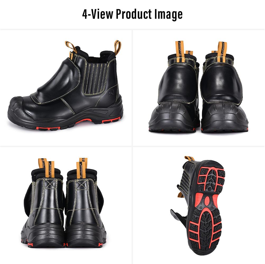 M-8025NBKMP Metal-Free Metatarsal Safety Boots Four Views أربع صور عرض لأحذية أمان مشط القدم السوداء M-8025NBKMP خالية من المعدن لأعمال التعدين واللحام