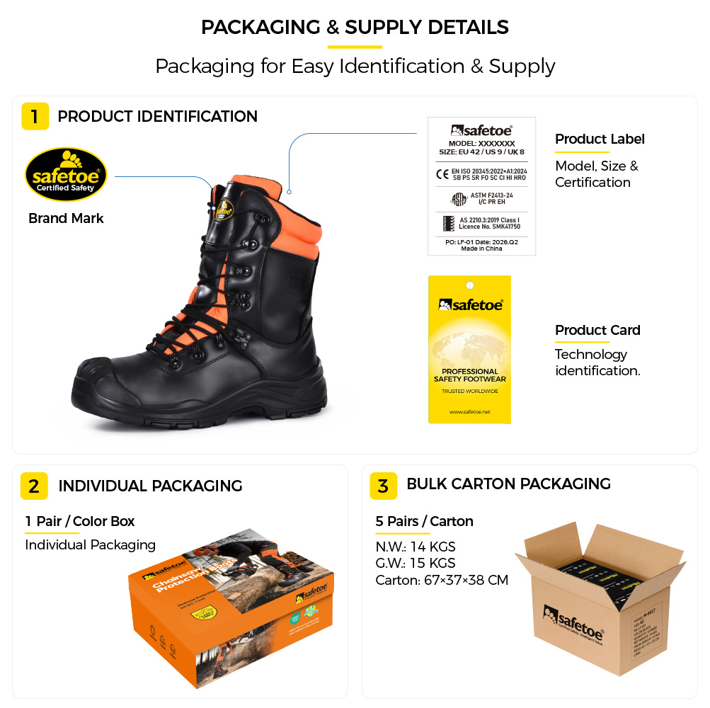 Safetoe H-9555 Chainsaw Safety Boots Packaging Details وتفاصيل تعبئة أحذية السلامة بالمنشار Safetoe H-9555 توضح ملصق المنتج وصندوق الأحذية الفردي وإمدادات الكرتون السائبة