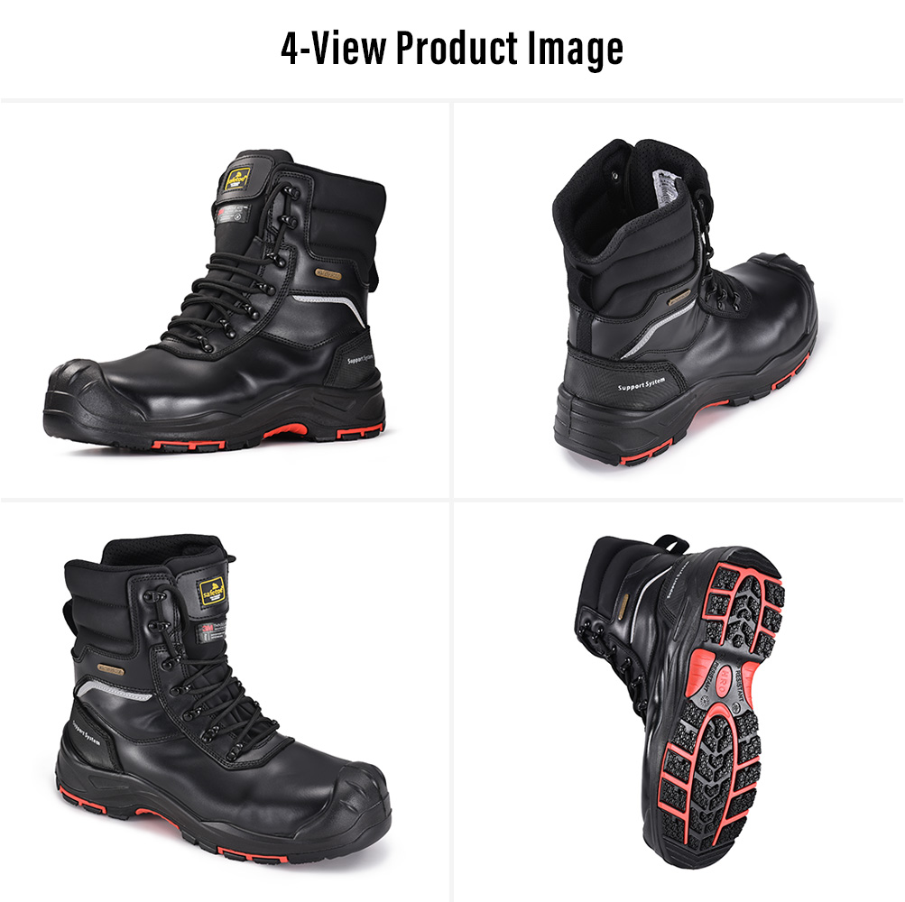 H-9552BK Black Winter Mining Work Boot Views أربعة مناظر لأحذية عمل التعدين المعزولة المقاومة للماء والجلد الأسود H-9552BK