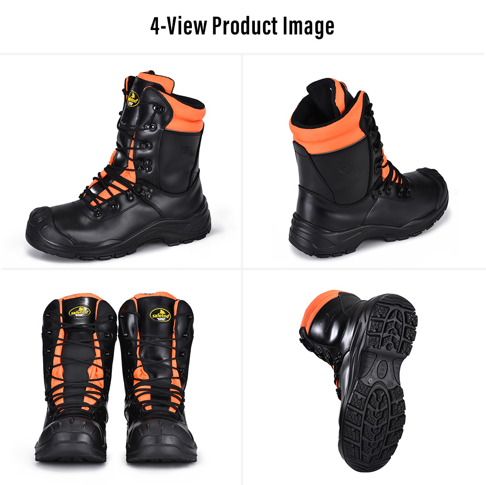 Safetoe H-9555 Forestry Chainsaw Safety Boots – Four Views صورة رباعية العرض لأحذية الأمان بالمنشار بالمنشار Safetoe H-9555 للغابات وقطع الأشجار تظهر مناظر أمامية وخلفية وجانبية ونعل خارجي،