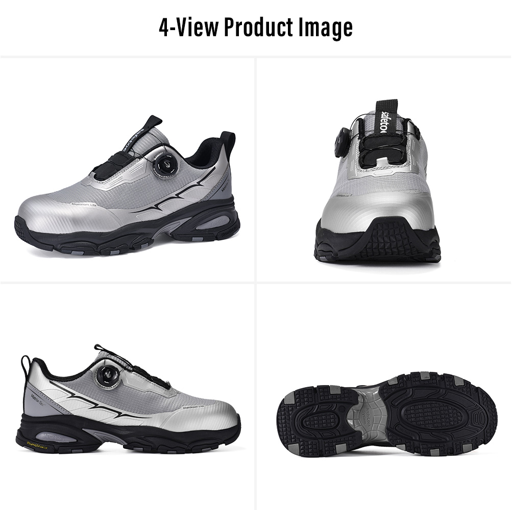 L-7601 Silver Safety Shoes Four-View Display صورة منتج رباعية العرض لأحذية الأمان ذات المقدمة المصنوعة من الألومنيوم QuickDial™ الفضية L-7601