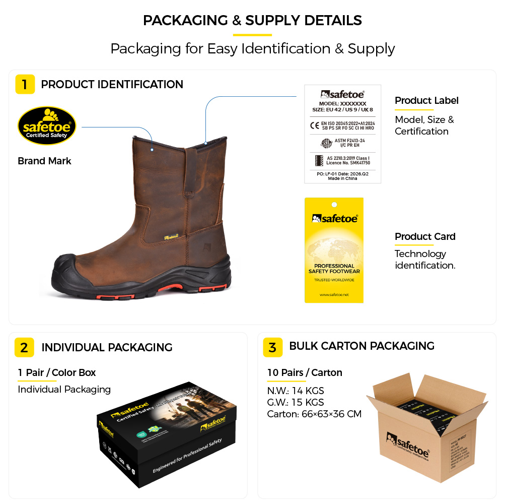 H-9441 Oil Gas Safety Boots Packaging supply تغليف أحذية أمان الزيت والغاز الجلدية من Safetoe H-9441 وتفاصيل التوريد بالجملة