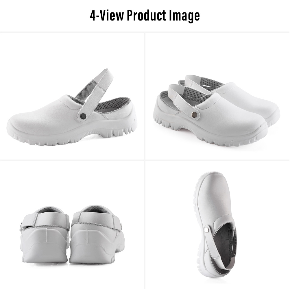 L-7096 White Steel Toe Kitchen Safety Shoes – Four Views أربع مناظر لـ Safetoe حذاء أمان للمطبخ بمقدمة فولاذية بيضاء L-7096 مع حزام كعب قابل للتعديل ونعل خارجي من البولي يوريثان مقاوم للانزلاق