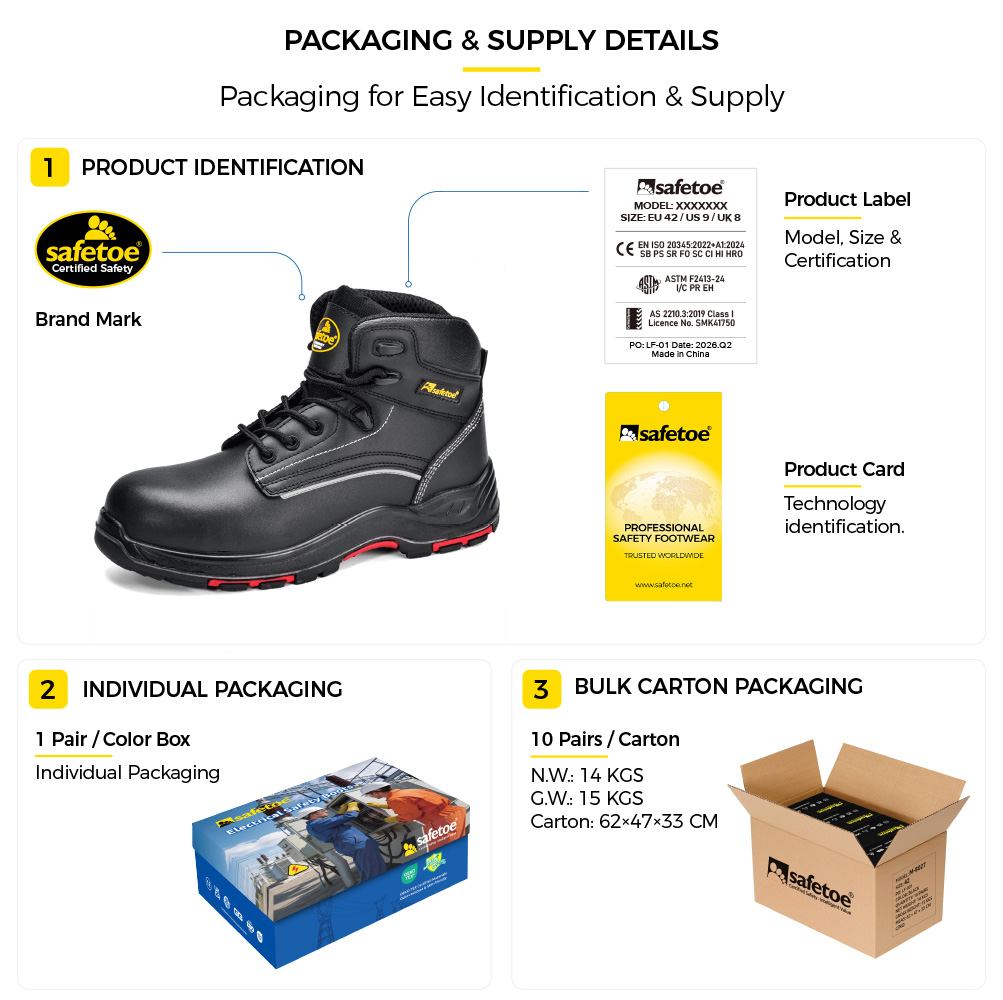 M-8356RB Electrical Hazard Work Boots Packaging M-8356RB 18kV EH أحذية أمان للمخاطر الكهربائية المُصنفة التعبئة والتغليف