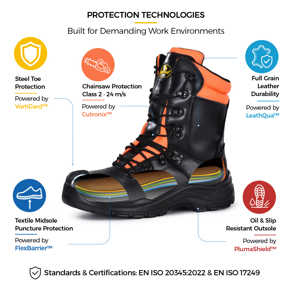 Safetoe H-9555 Chainsaw Safety Boot Protection Technologies تقنيات حماية التمهيد للسلامة بالمنشار من Safetoe H-9555 مع مقدمة فولاذية، وحماية بالمنشار من الفئة 2، ونعل أوسط من النسيج ونعل خارجي مقاوم للانزلاق بالزيت،