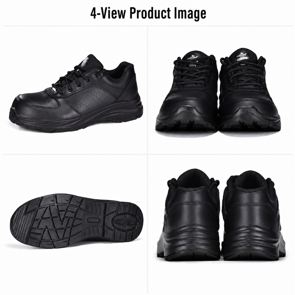 Safetoe L-7328 Engineer Safety Shoes – Four Views صورة أربع مناظر لأحذية السلامة للمهندسين من الجلد الأسود من Safetoe L-7328 تظهر الجوانب والأمامية والخلفية والنعل الخارجي