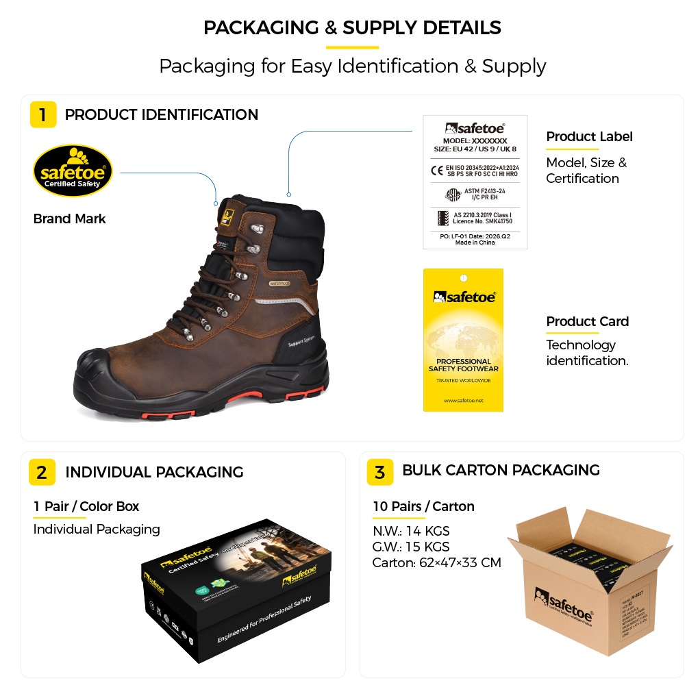 H-9552BR Oil Gas Safety Boots Packaging supply Safetoe H-9552BR أحذية أمان شتوية معزولة مقاومة للماء وتغليف وتفاصيل العرض بالجملة