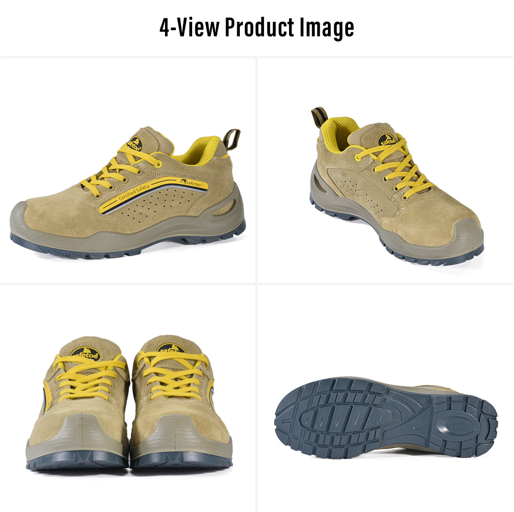 L-7296 Brown S1P Safety Shoes Four-View Display صورة المنتج ذات الرؤية الأربعة لحذاء الأمان S1P المصنوع من جلد البقر البني L-7296