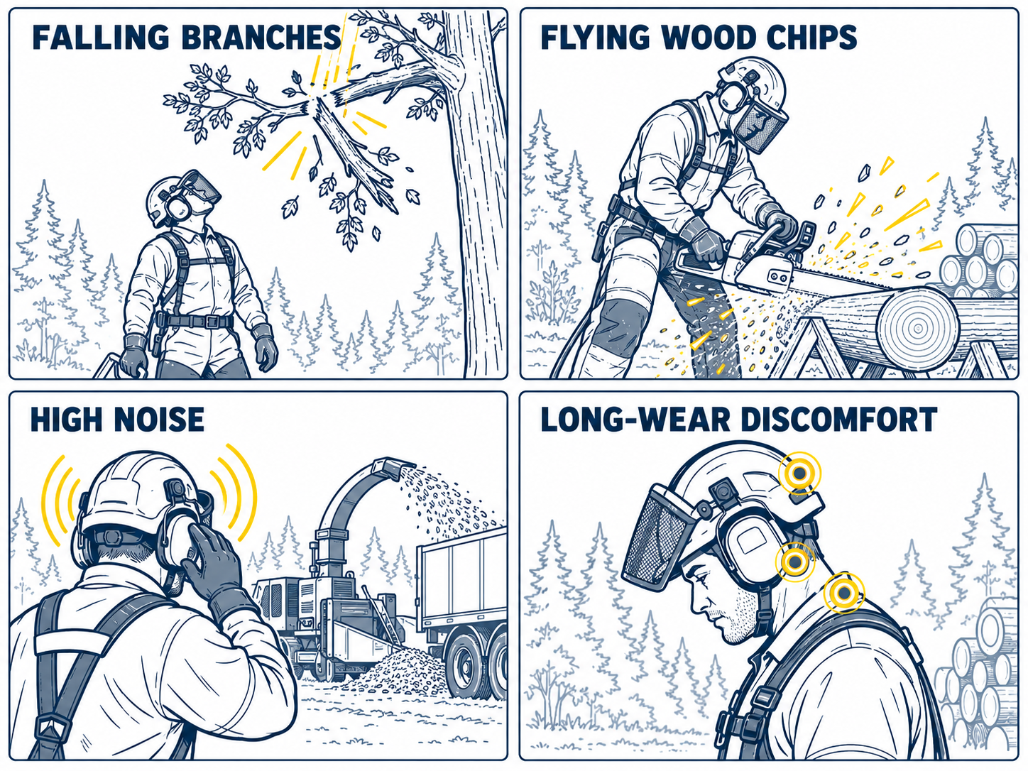 Key Hazards in Forestry Work مخاطر العمل في الغابات بما في ذلك سقوط الفروع ورقائق الخشب والضوضاء العالية وعدم الراحة عند التآكل لفترة طويلة