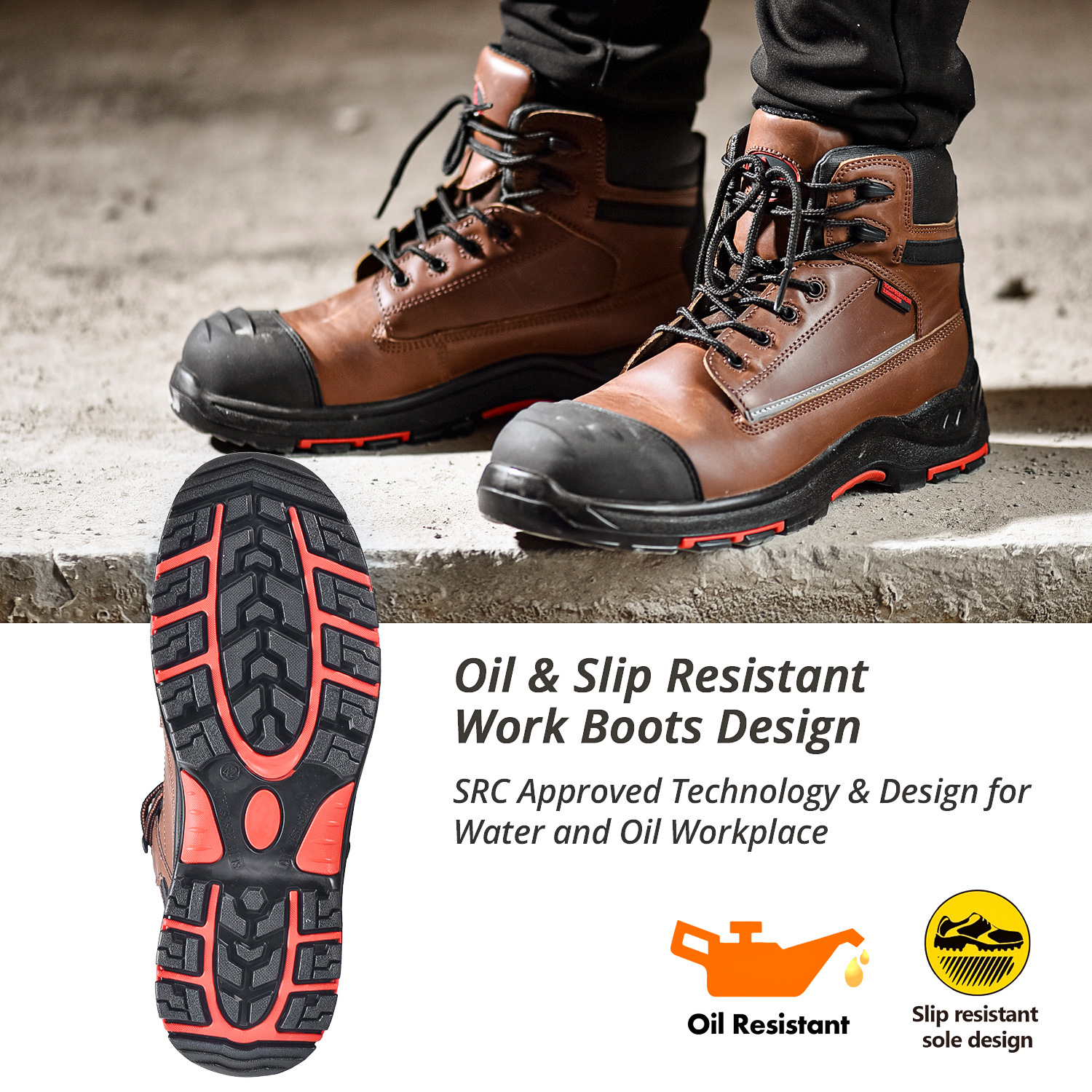 حذاء عمل جلدي مقاوم للماء M-8370 بني