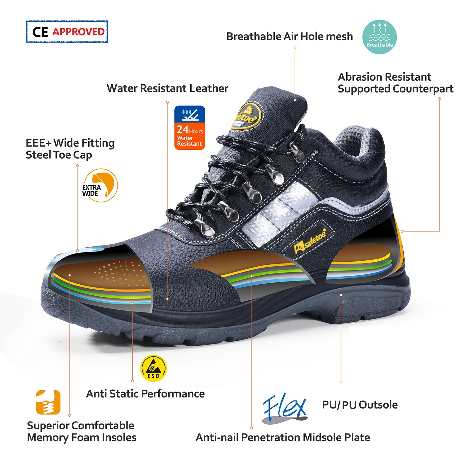 أحذية العمل الواقية أسود الموقع