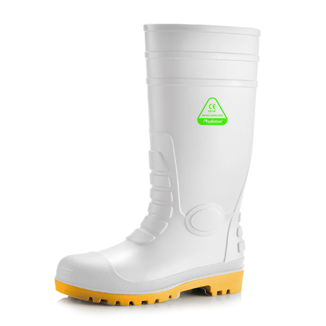 أحذية S5 Safety Wellington - أحذية عمل مقاومة للماء من مادة PVC ذات مقدمة فولاذية W-6038 باللون الأبيض