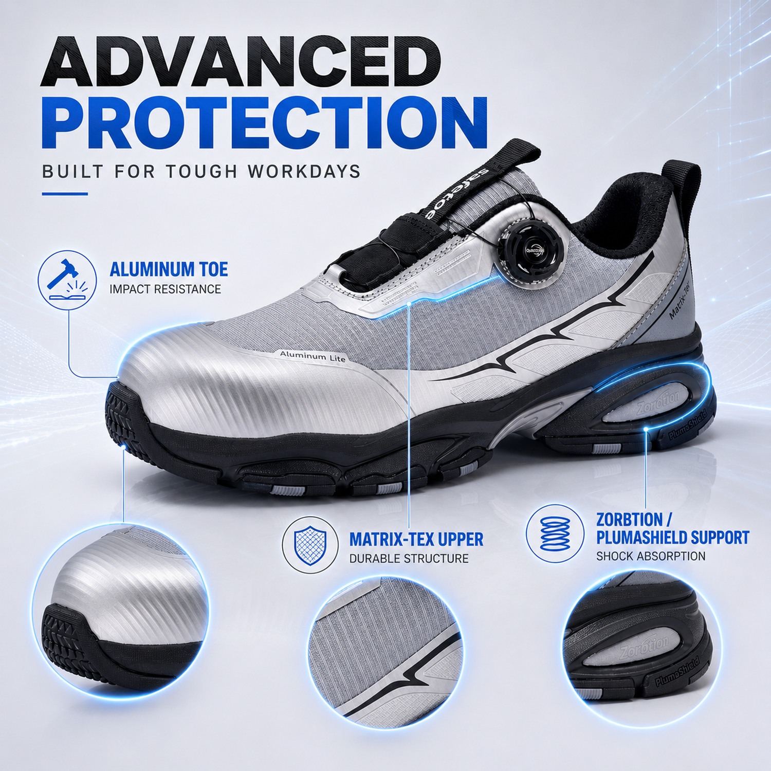 حذاء أمان QuickDial بتصميم رياضي، مقدمة من الألومنيوم S1P ومضاد للانزلاق لعمال الخدمات اللوجستية L-7601 رمادي