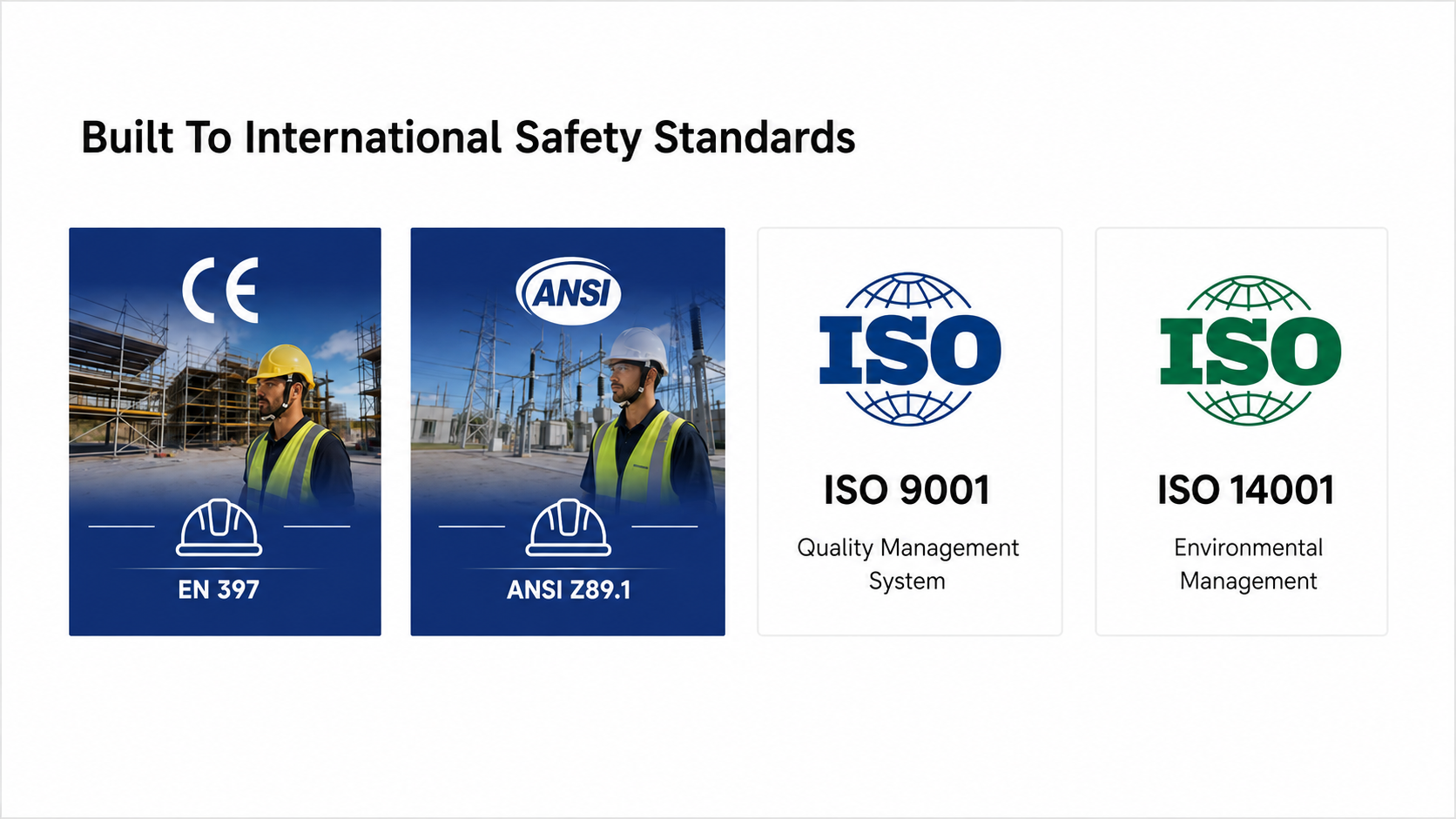 معايير خوذة سلامة البناء بما في ذلك EN 397 وANSI Z89.1 وISO 9001 وISO 14001