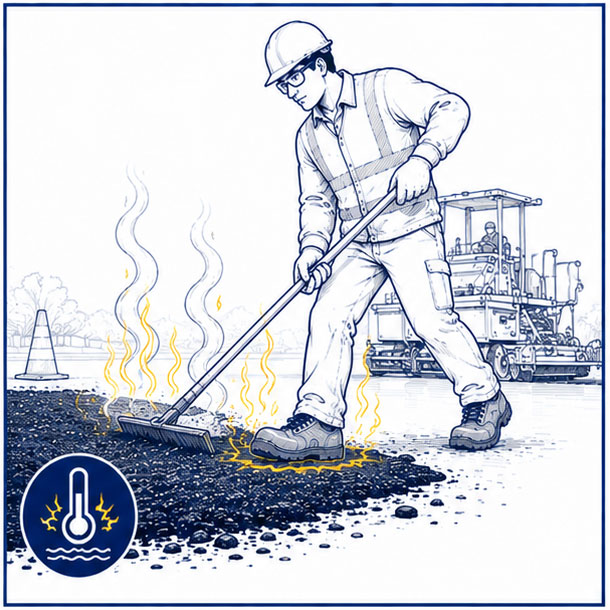 عامل يخطو على سطح ذو درجة حرارة عالية، يوضح الأسفلت الساخن ومخاطر الحرارة في أعمال رصف الطرق
