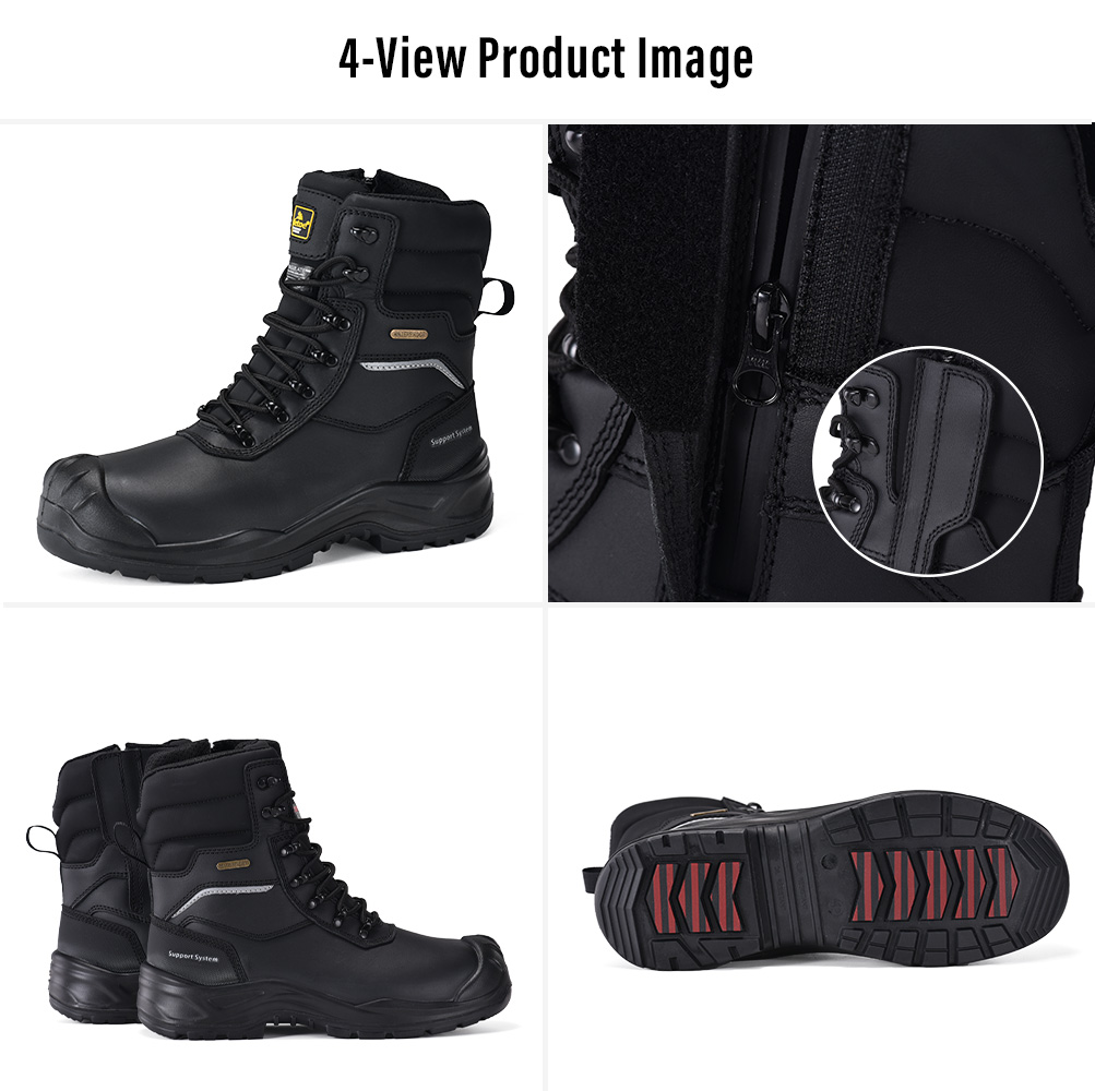صورة أربع مناظر لأحذية الأمان الشتوية Safetoe H-9552 IceGrip تظهر منظرًا جانبيًا، وسحاب جانبي مقاوم للماء، ومظهر جانبي خلفي ونعل خارجي بمقبض جليدي، 