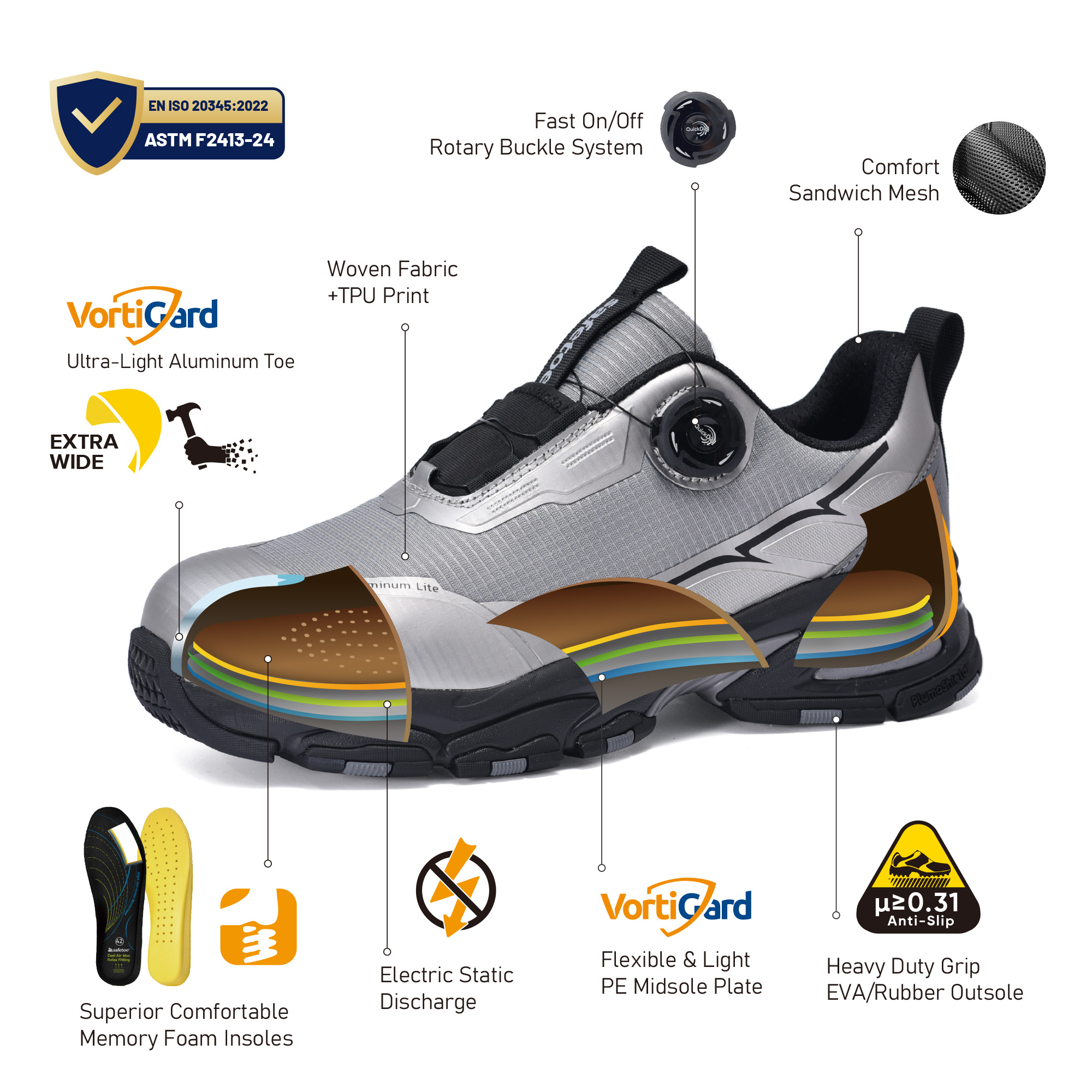 حذاء أمان QuickDial بتصميم رياضي، مقدمة من الألومنيوم S1P ومضاد للانزلاق لعمال الخدمات اللوجستية L-7601 رمادي