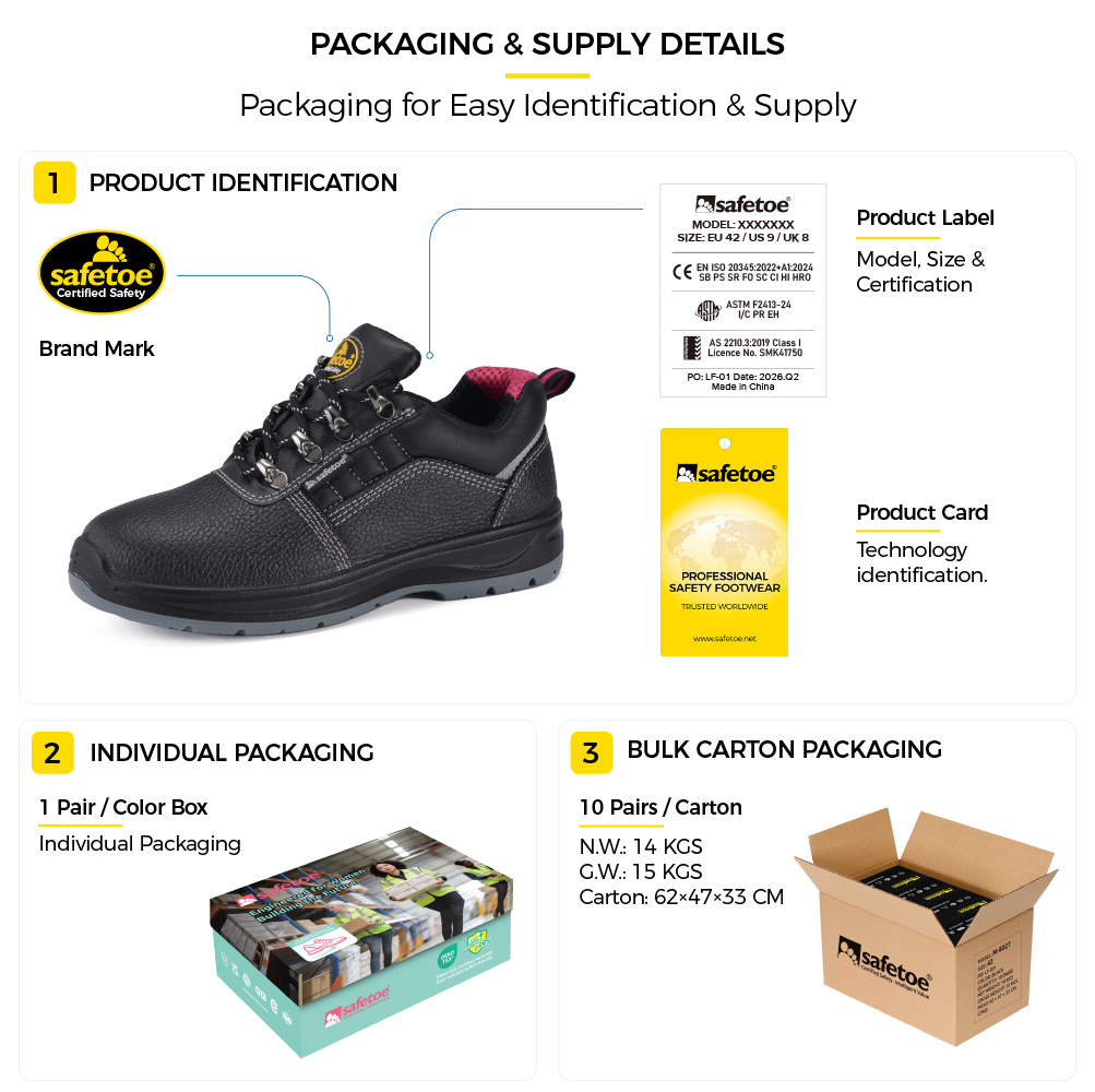 أحذية الأمان النسائية Safetoe L-7508W مع ​​ملصق المنتج وصندوق أحذية فردي وعبوة كرتونية كبيرة الحجم
