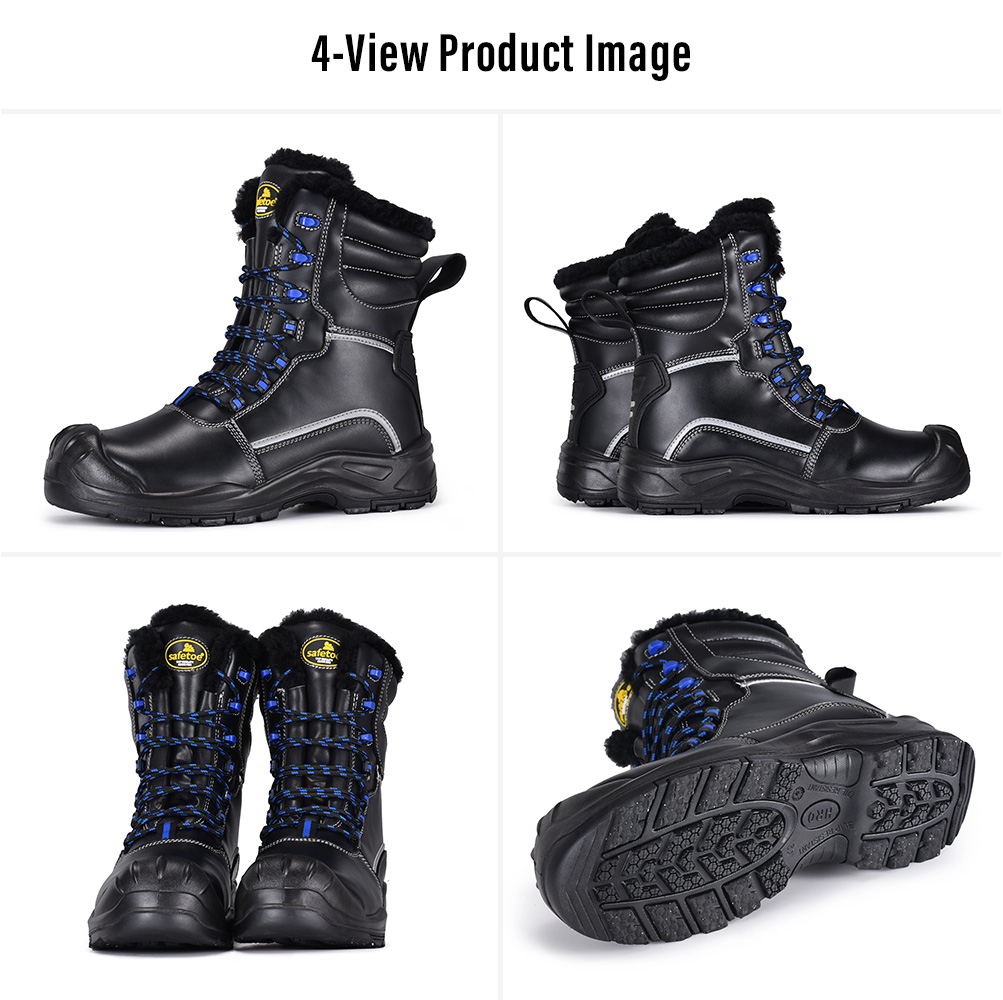 صورة أربع مناظر لأحذية أمان شتوية معزولة من Safetoe H-9550 IceShield Pro تظهر مناظر جانبية وأمامية وخلفية ونعل خارجي بمقبض جليدي من 