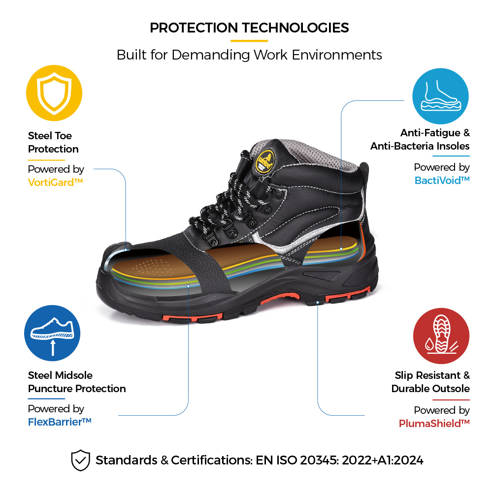 M-8520PRST أحذية سلامة البناء الصناعي من جلد البقر الأسود من SiteShield Max مع هيكل واقي 