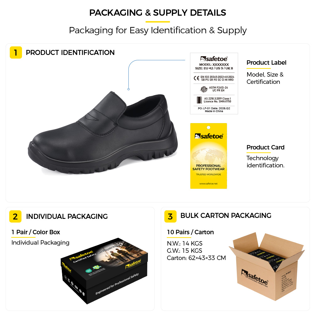 Safetoe L-7019 حذاء أمان أسود لصناعة الأغذية مع ملصق المنتج وصندوق أحذية فردي وتغليف كرتون ضخم