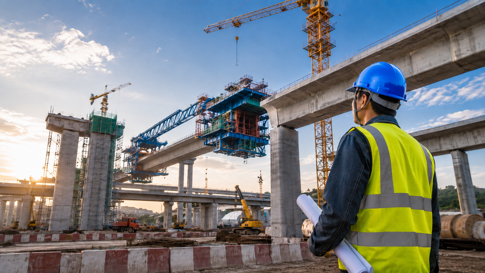 مهندس يرتدي خوذة سلامة البناء الزرقاء في مشروع كبير لجسر البنية التحتية