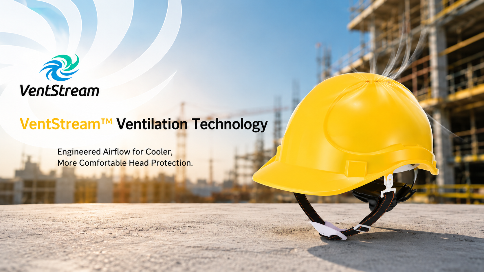 خوذة أمان صفراء اللون تتميز بتقنية تهوية VentStream لتوفير حماية أكثر برودة وأكثر راحة للرأس