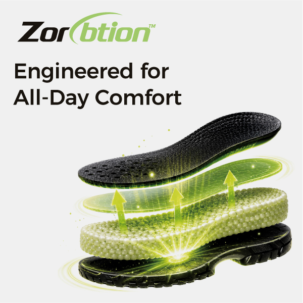 طبقات توسيد متفجرة تُظهر نظام امتصاص الصدمات للكعب Zorbtion™ في الأحذية الرياضية الآمنة للسيدات