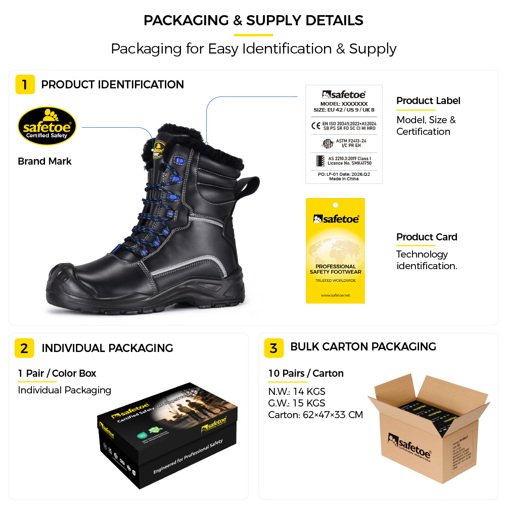 Safetoe H-9550 IceShield Pro تفاصيل تعبئة أحذية الأمان الشتوية توضح ملصق المنتج وصندوق الأحذية الفردي وإمدادات الكرتون السائبة